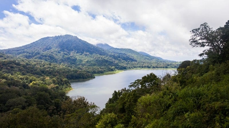 A scenic view of a serene lake surrounded by lush green forests and hills under a partly cloudy sky. The dense forest extends to the water's edge, with the hills in the background rising gently. The clouds cast soft shadows on the landscape, enhancing the natural beauty and tranquility of the scene.