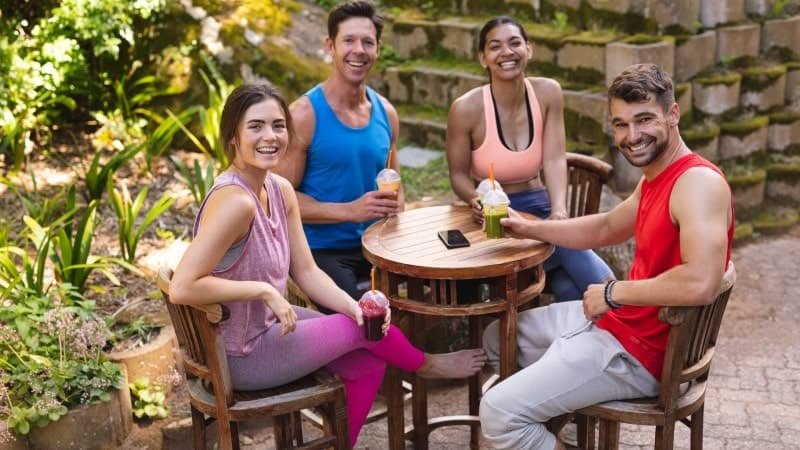 A group of four friends, dressed in casual athletic wear, are sitting around a small wooden table outdoors. They are smiling and enjoying colorful smoothies in a garden-like setting with stone steps and lush greenery in the background.